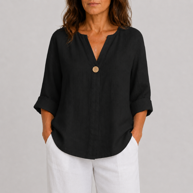 Women's V-Neck Linen Blouse with Single Button Detail