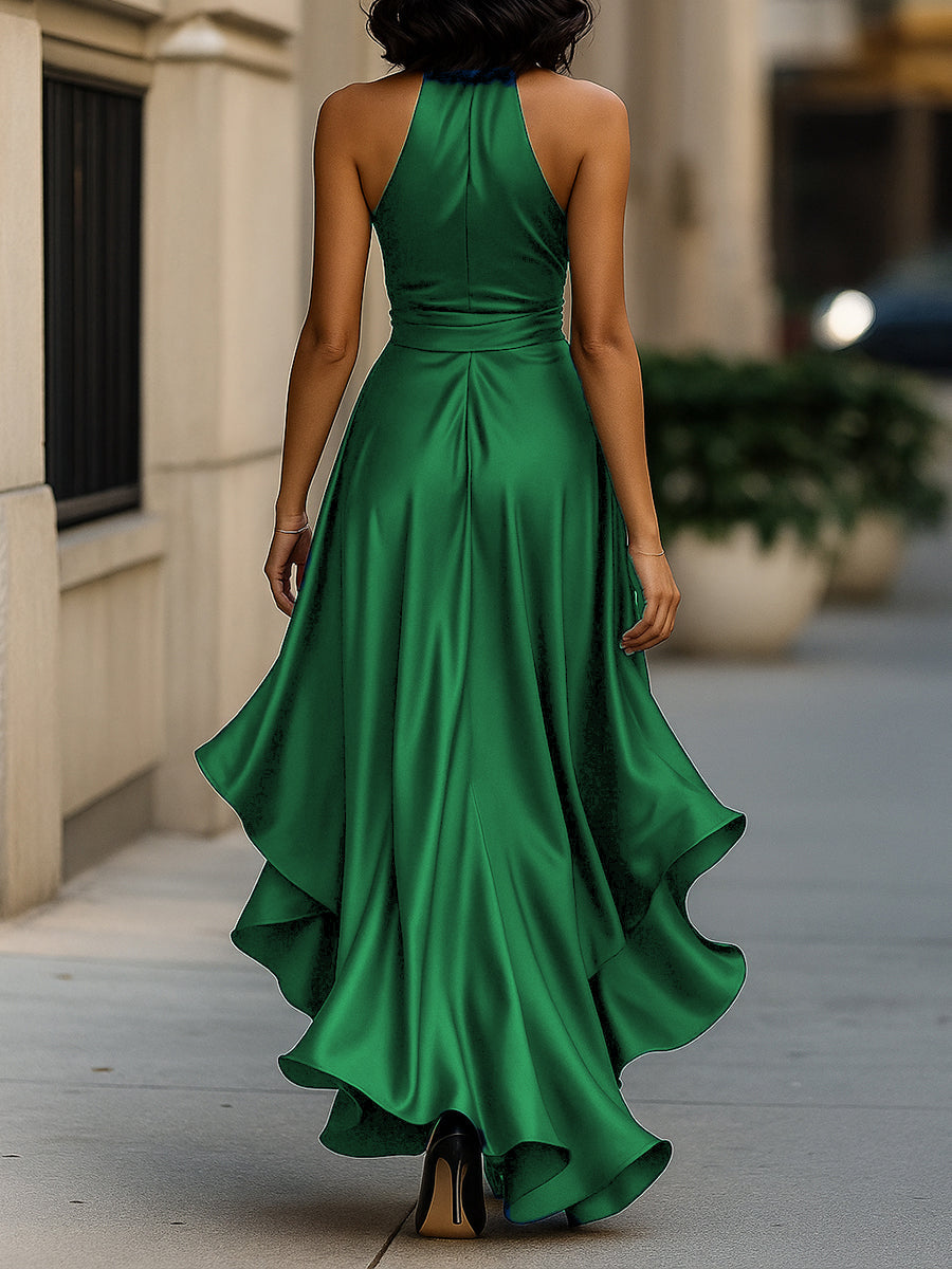 Women's Satin Halter Neck Wedding Guest Dress High-Low Hem