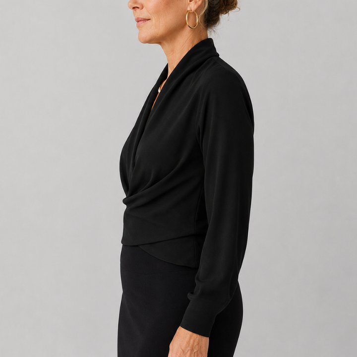 Women's Wrap Blouse with Draped V-Neckline and Long Sleeve Crossover Top
