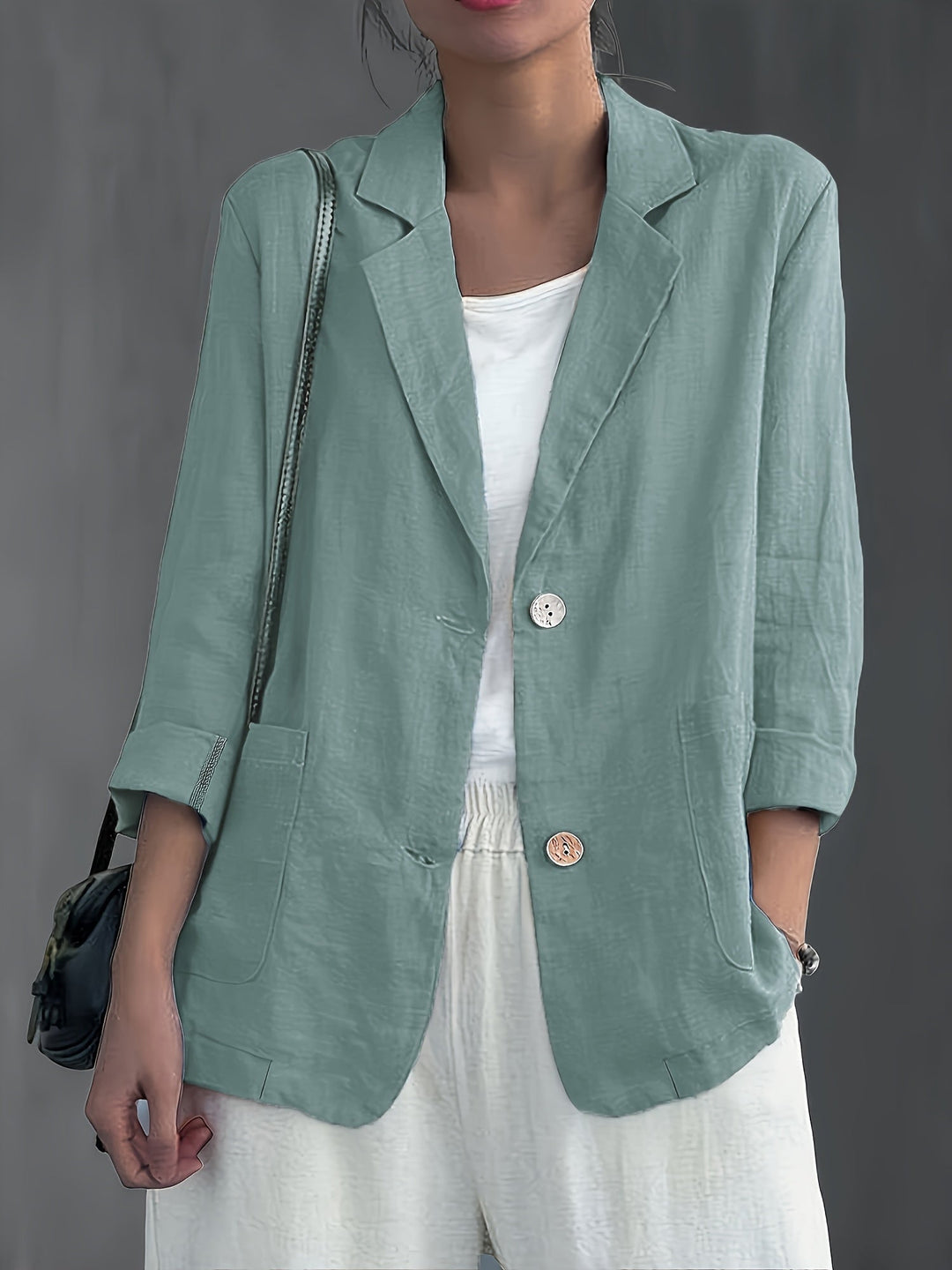 Linen Blazer Women Long Sleeve Button Front with Pockets