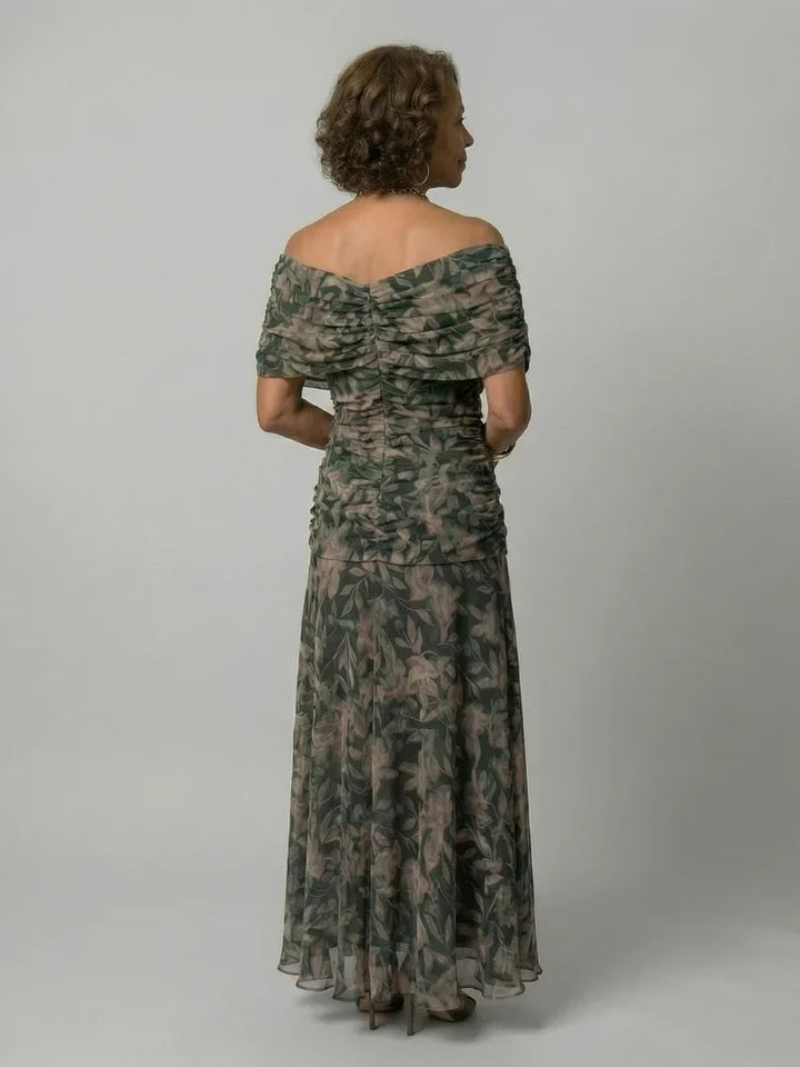 Women's Watercolour Floral Draped Off-Shoulder Flowy Midi Dress