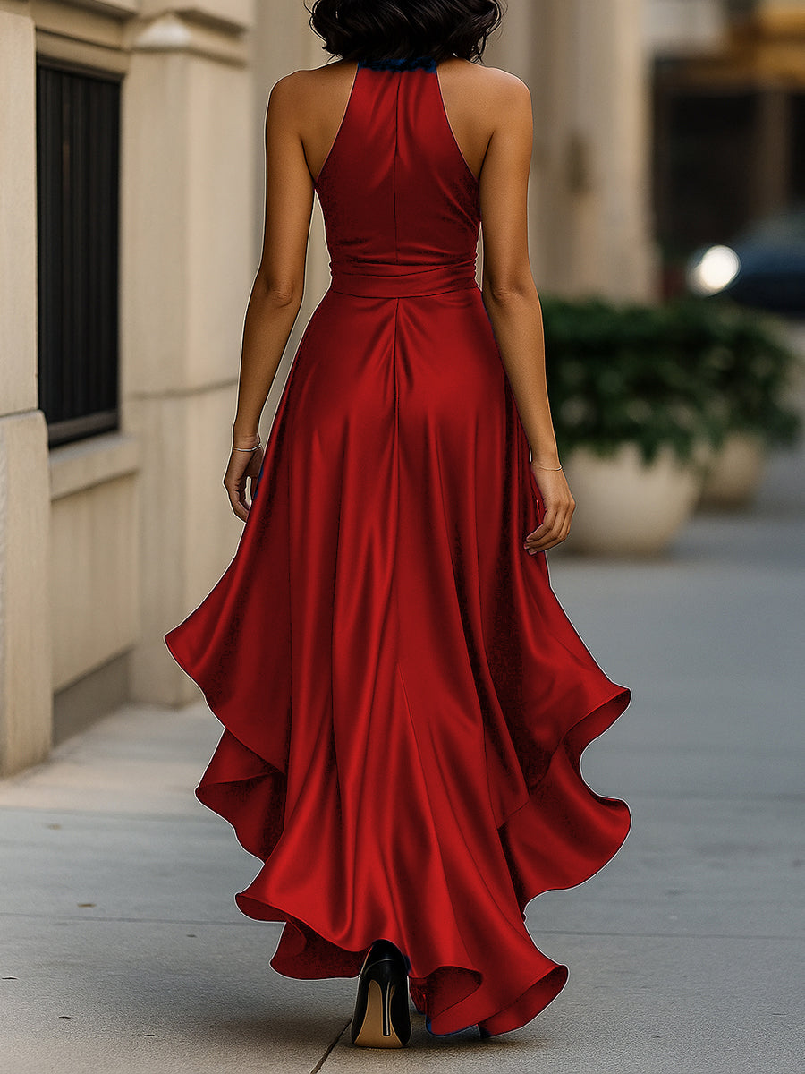 Women's Satin Halter Neck Wedding Guest Dress High-Low Hem