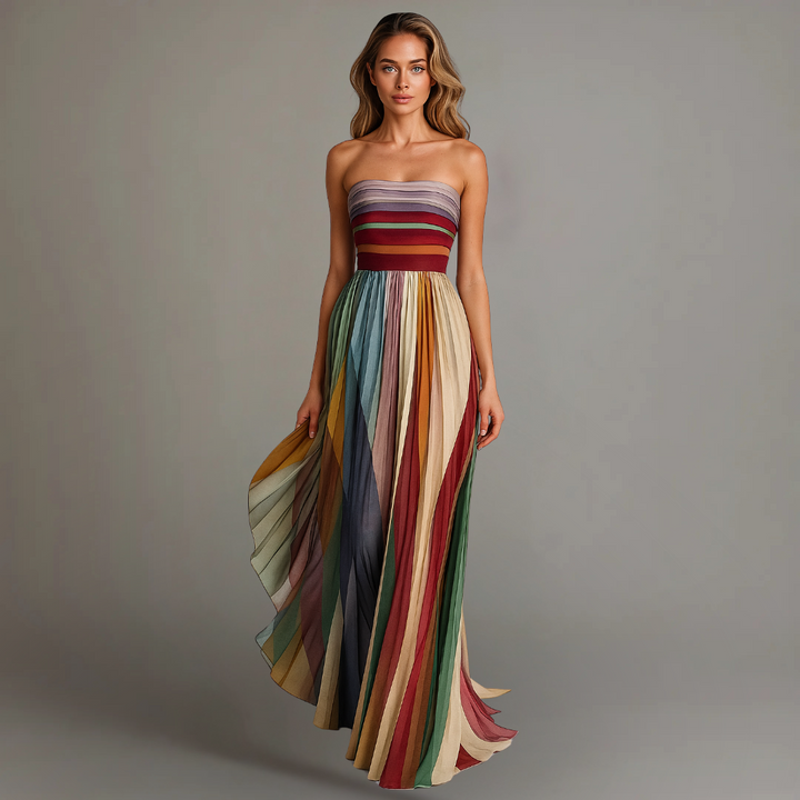 Women's Strapless Colorful Pleated Summer Maxi Dress Strapless
