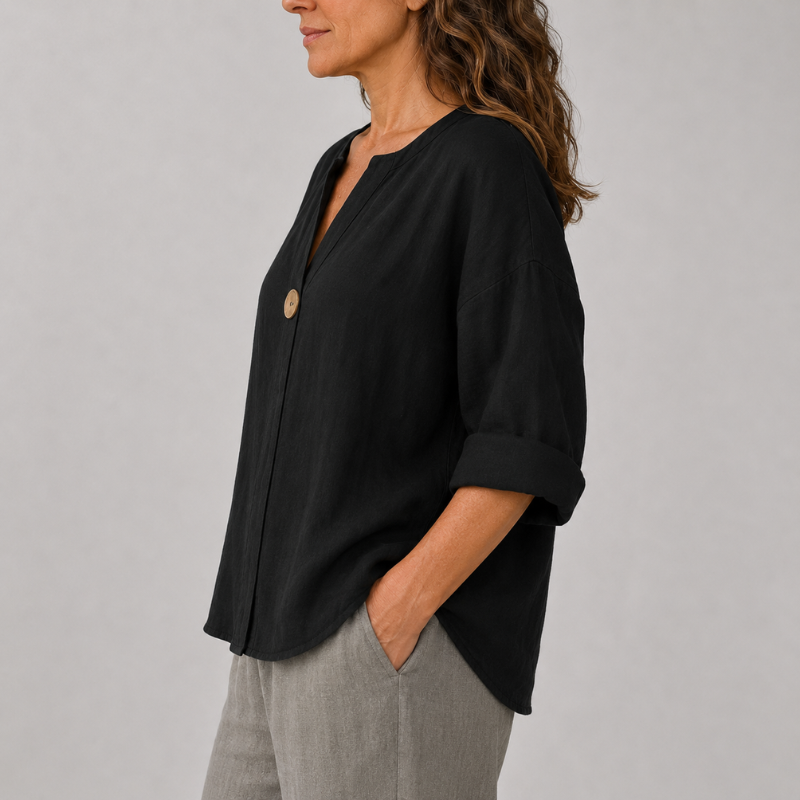 Women's V-Neck Linen Blouse with Single Button Detail