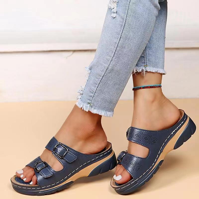 Women's Orthopaedic Double Buckle Cutout Wedge Mule Sandals