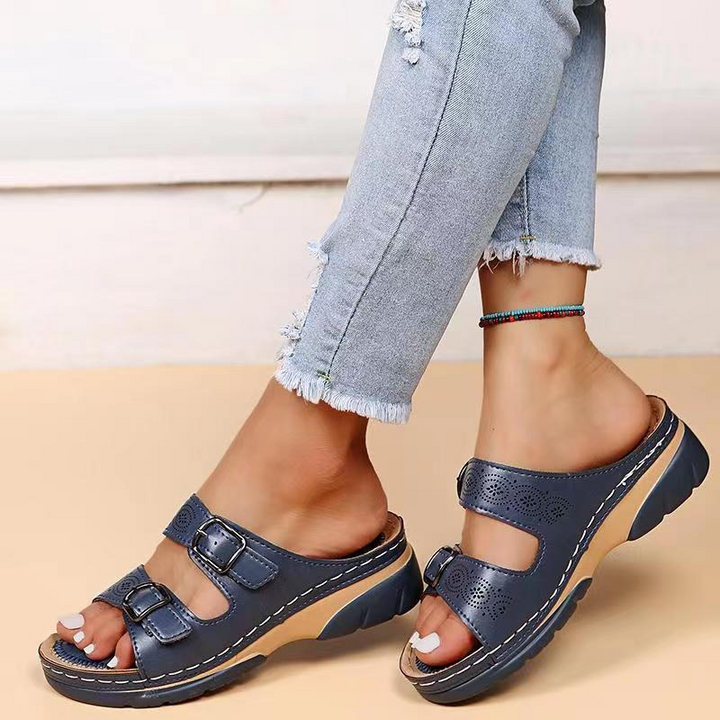 Women's Orthopaedic Double Buckle Cutout Wedge Mule Sandals