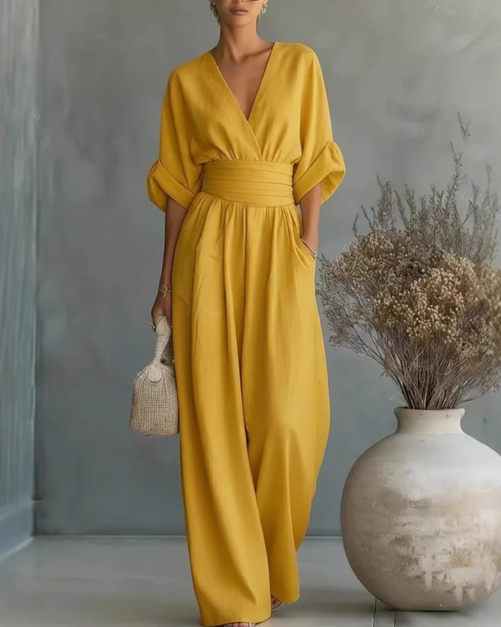 Women's Linen V-Neck Wide Leg Jumpsuit with Pockets