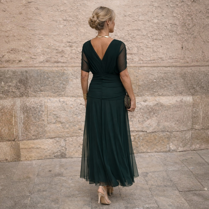 Women's V-Neck Ruched Waist Sheer Sleeve Chiffon Maxi Dress