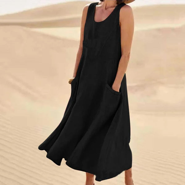 Women's Sleeveless Linen Maxi Dress with Side Pockets