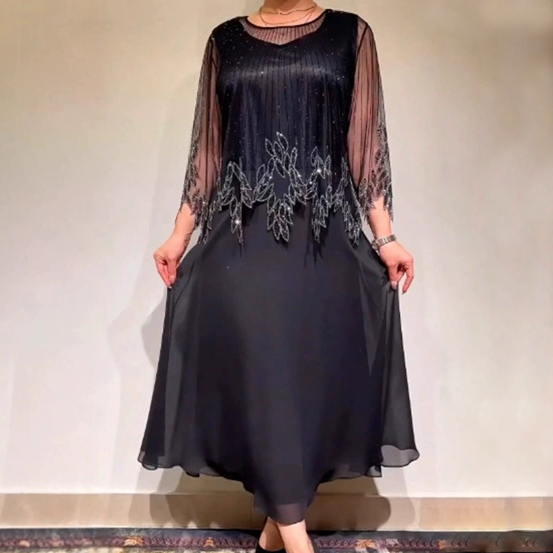 Women's Stylish Beaded Mesh Overlay Maxi Dress Sheer Sleeve