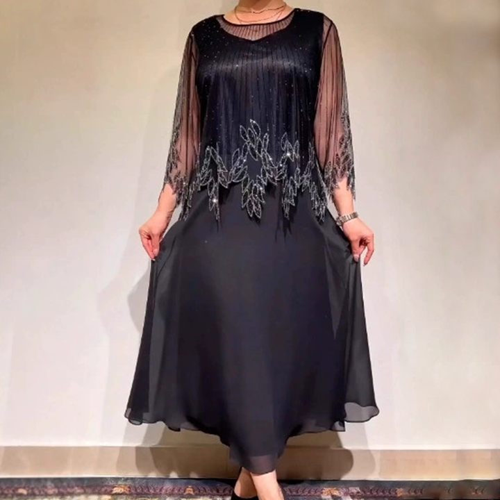 Women's Stylish Beaded Mesh Overlay Maxi Dress Sheer Sleeve