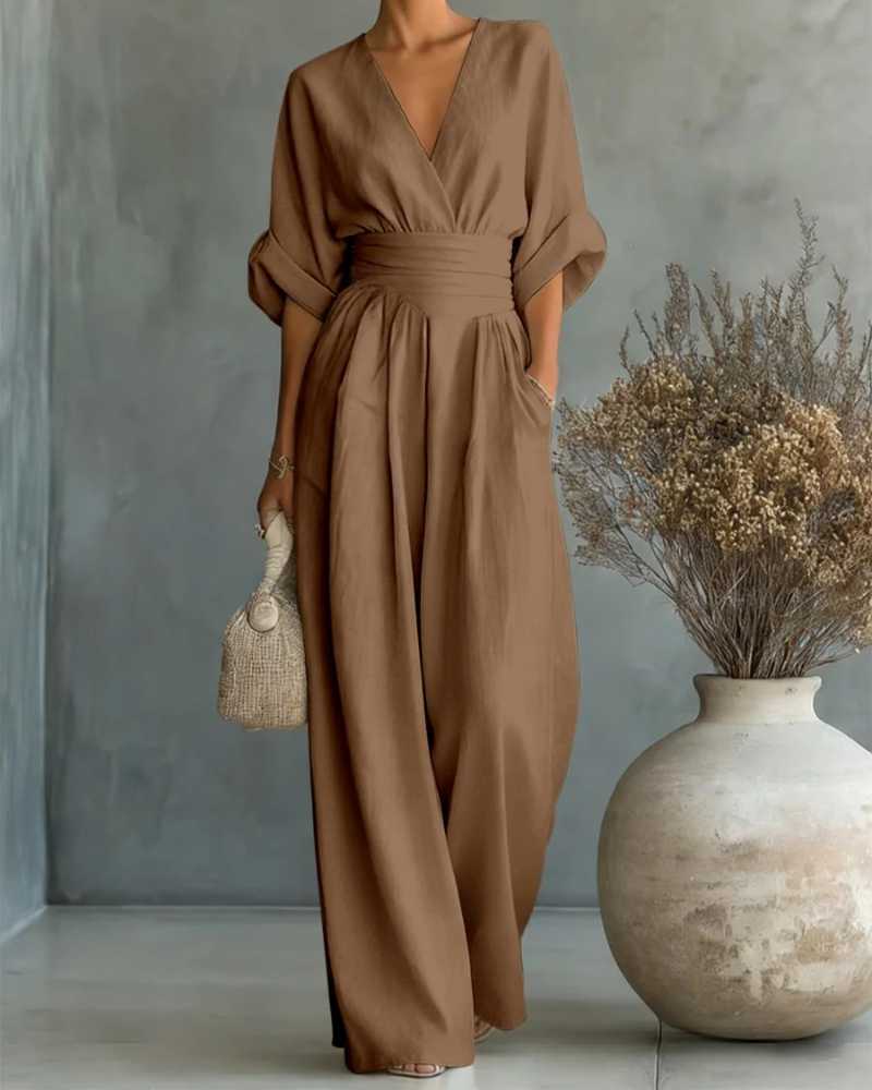 Women's Linen V-Neck Wide Leg Jumpsuit with Pockets