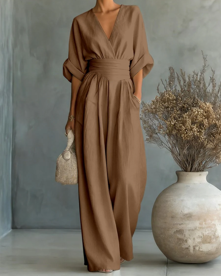 Women's Linen V-Neck Wide Leg Jumpsuit with Pockets