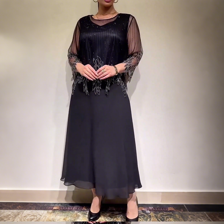 Women's Stylish Beaded Mesh Overlay Maxi Dress Sheer Sleeve