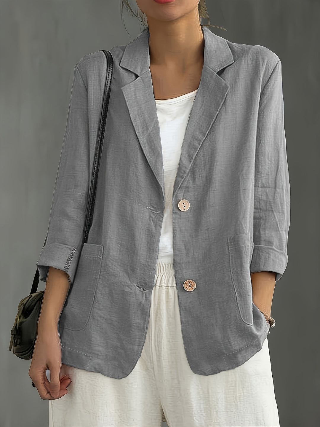 Linen Blazer Women Long Sleeve Button Front with Pockets