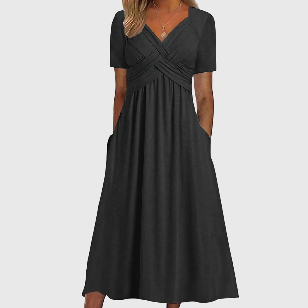 Women's V-Neck Crossover Ruched Tummy Control Midi Dress