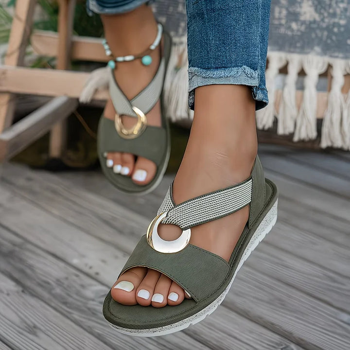 Women's Beaded Ankle Strap Elastic Band Buckle Flat Sandals