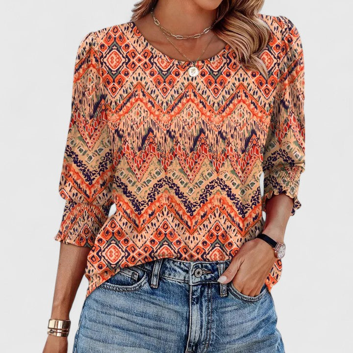 Women's 3/4 Sleeve Crew Neck Top with Smocked Cuffs