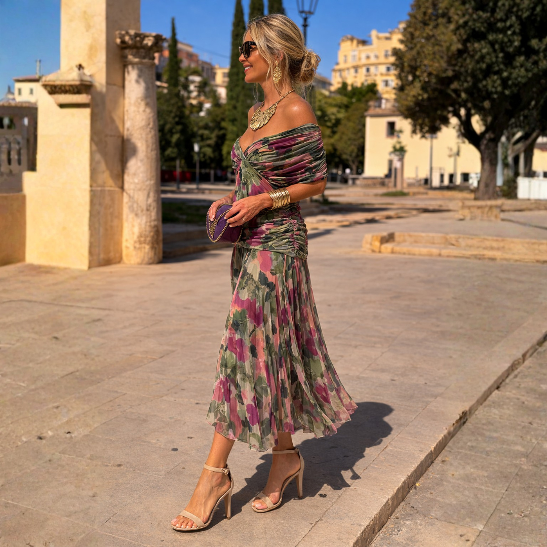 Women's V-Neck Ruched Waist Sheer Sleeve Chiffon Maxi Dress