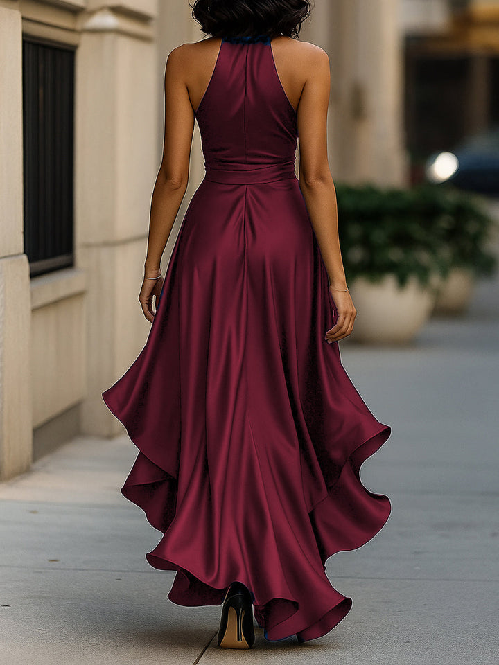 Women's Satin Halter Neck Wedding Guest Dress High-Low Hem