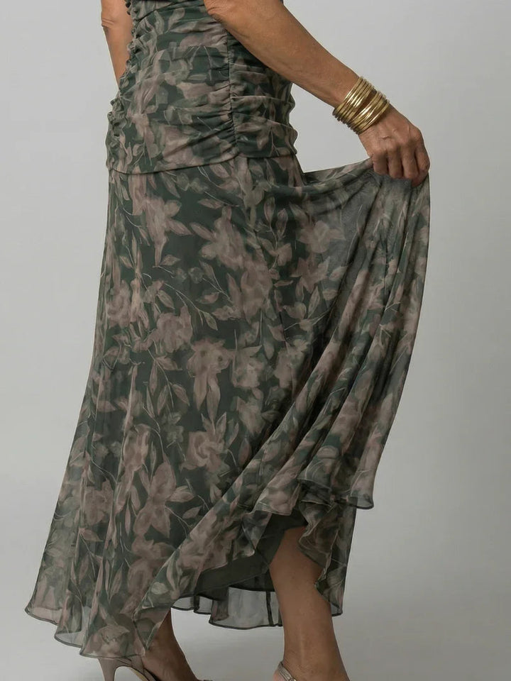Women's Watercolour Floral Draped Off-Shoulder Flowy Midi Dress