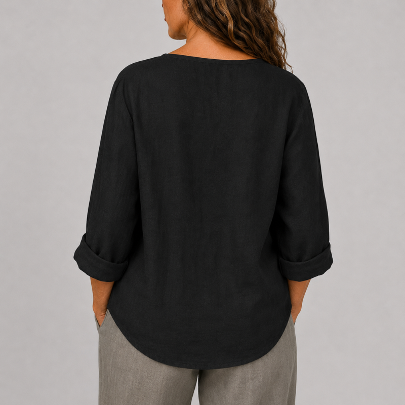 Women's V-Neck Linen Blouse with Single Button Detail