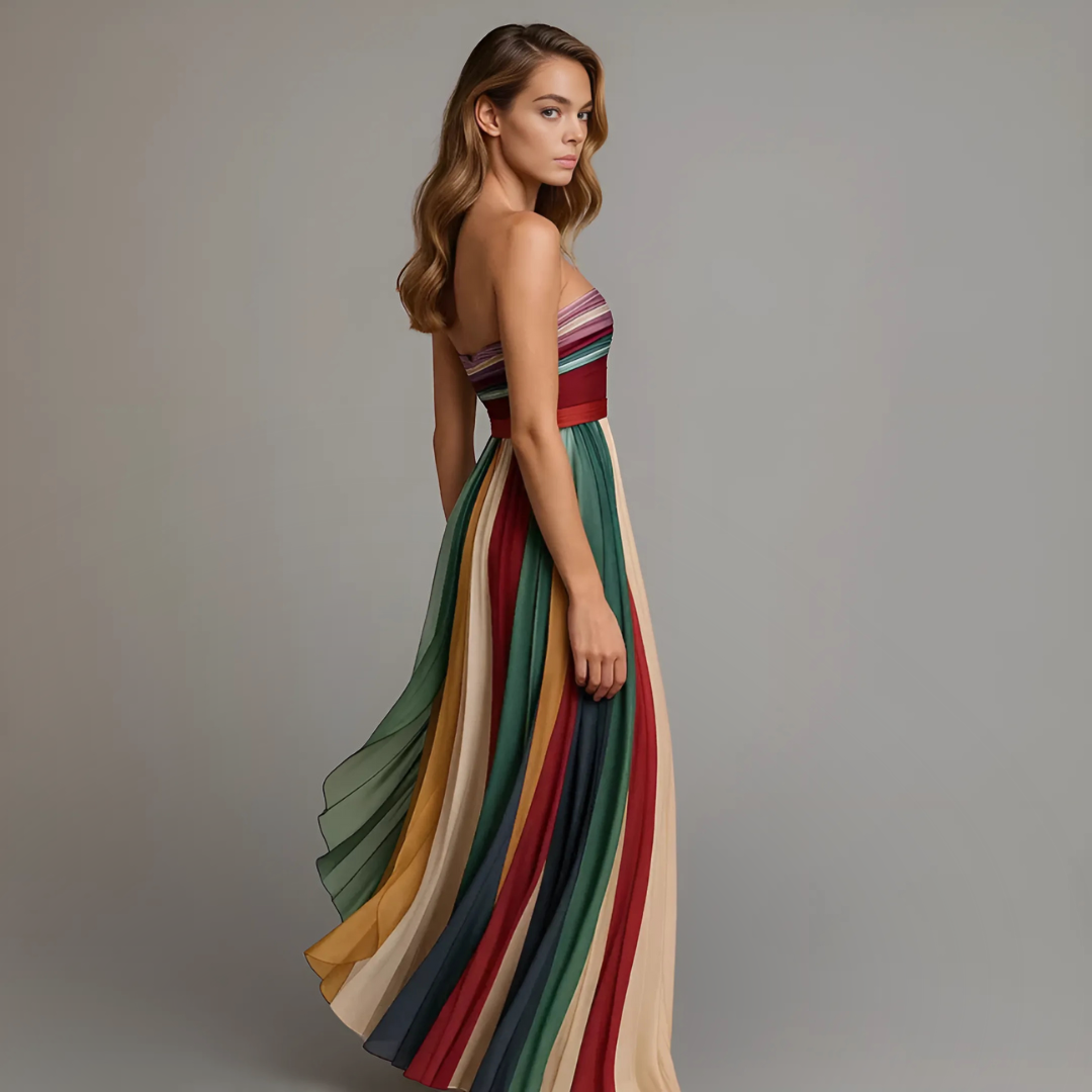 Women's Strapless Colorful Pleated Summer Maxi Dress Strapless