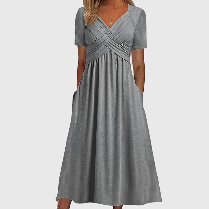 Women's V-Neck Crossover Ruched Tummy Control Midi Dress