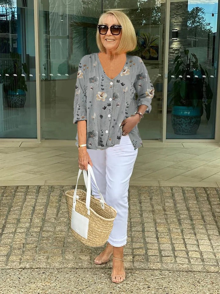 Women's Floral Print V-Neck Three-Quarter Sleeve Linen Blouse