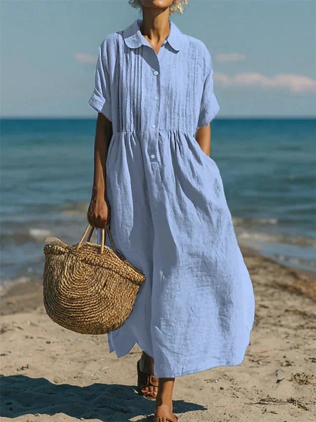 Women's Cotton Button-Front Shirt Dress Pintuck Maxi