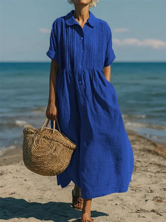 Women's Cotton Button-Front Shirt Dress Pintuck Maxi