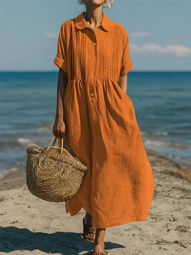 Women's Cotton Button-Front Shirt Dress Pintuck Maxi