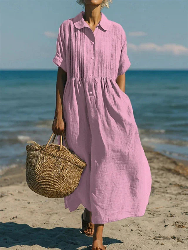 Women's Cotton Button-Front Shirt Dress Pintuck Maxi