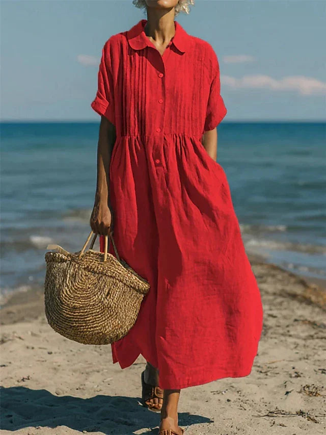 Women's Cotton Button-Front Shirt Dress Pintuck Maxi