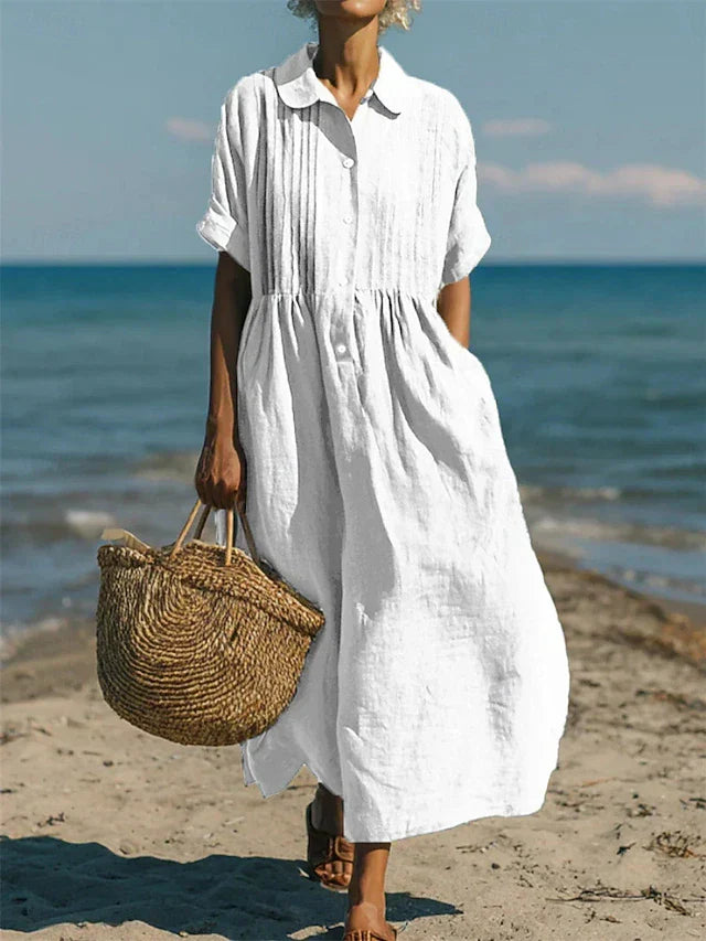 Women's Cotton Button-Front Shirt Dress Pintuck Maxi