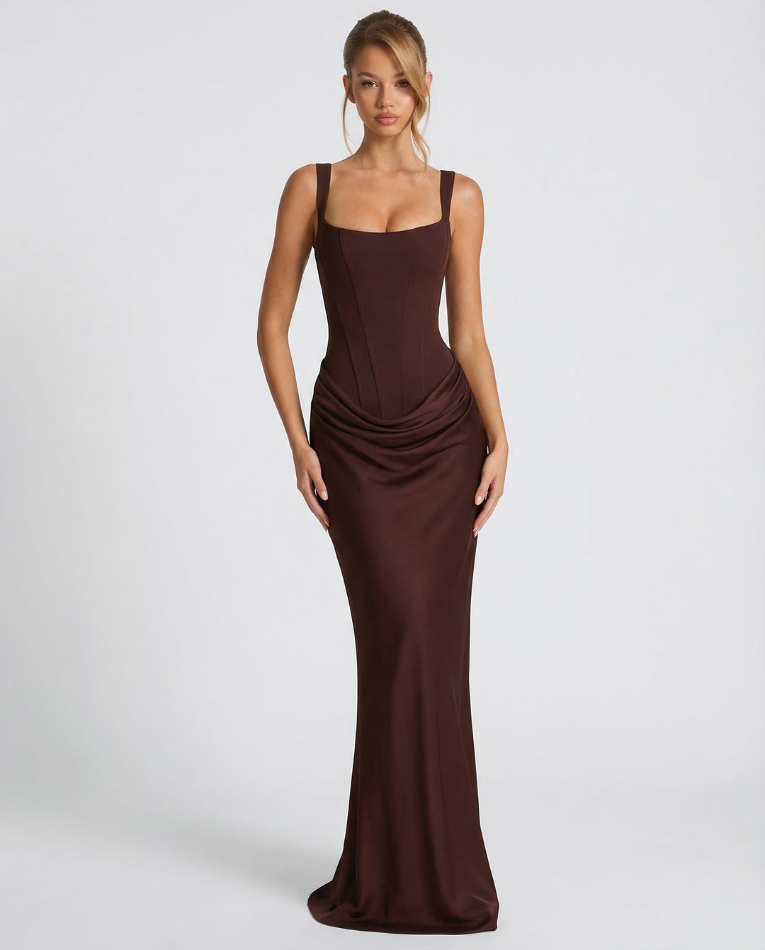 Women’s Corset Maxi Dress Draped Waist Sculpted Silhouette