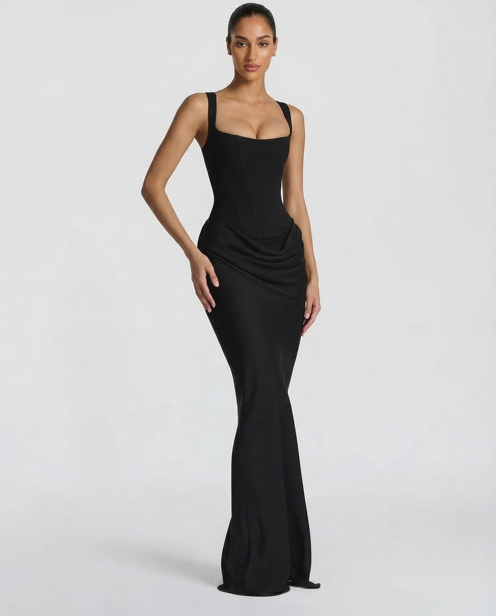 Women’s Corset Maxi Dress Draped Waist Sculpted Silhouette