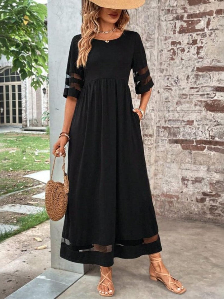 Women's Mesh Panel Three-Quarter Sleeve Round Neck Maxi Dress