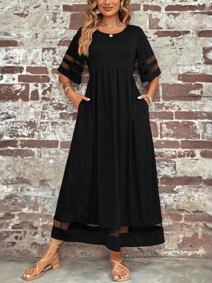 Women's Mesh Panel Three-Quarter Sleeve Round Neck Maxi Dress