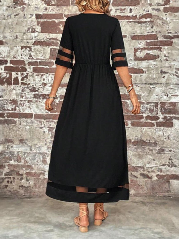 Women's Mesh Panel Three-Quarter Sleeve Round Neck Maxi Dress