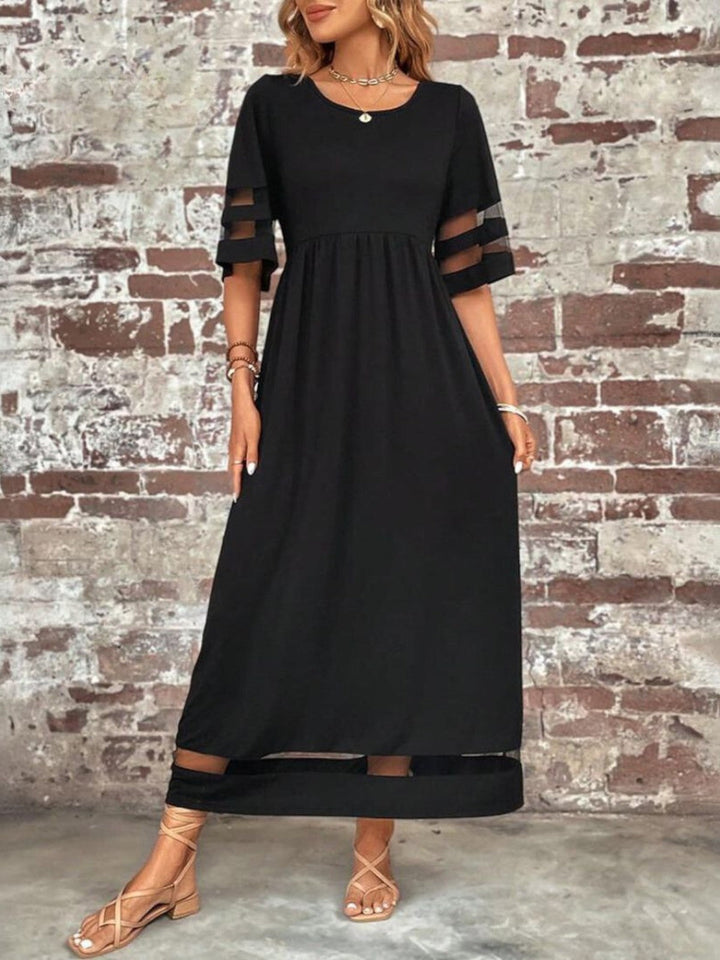 Women's Mesh Panel Three-Quarter Sleeve Round Neck Maxi Dress