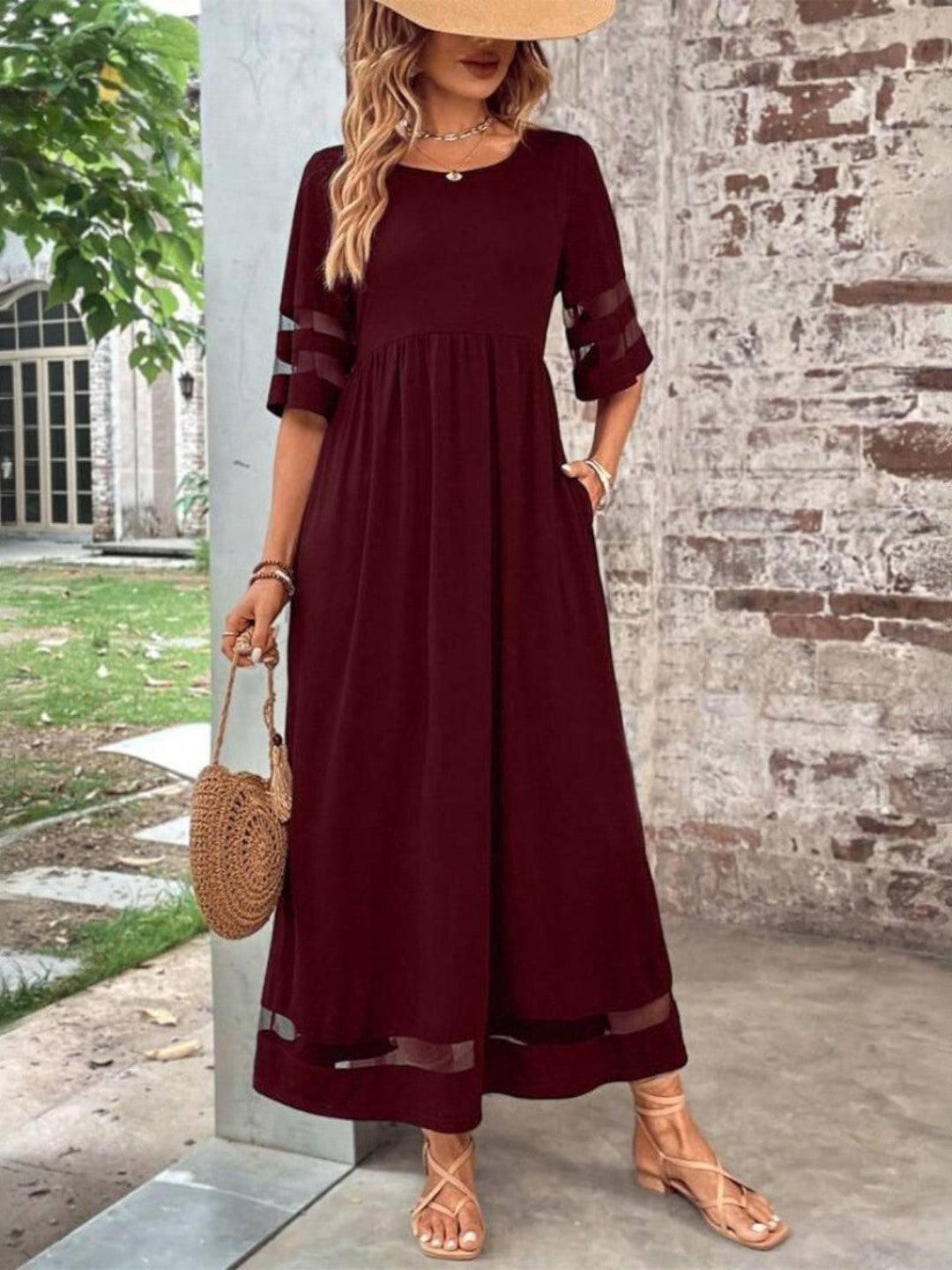 Women's Mesh Panel Three-Quarter Sleeve Round Neck Maxi Dress