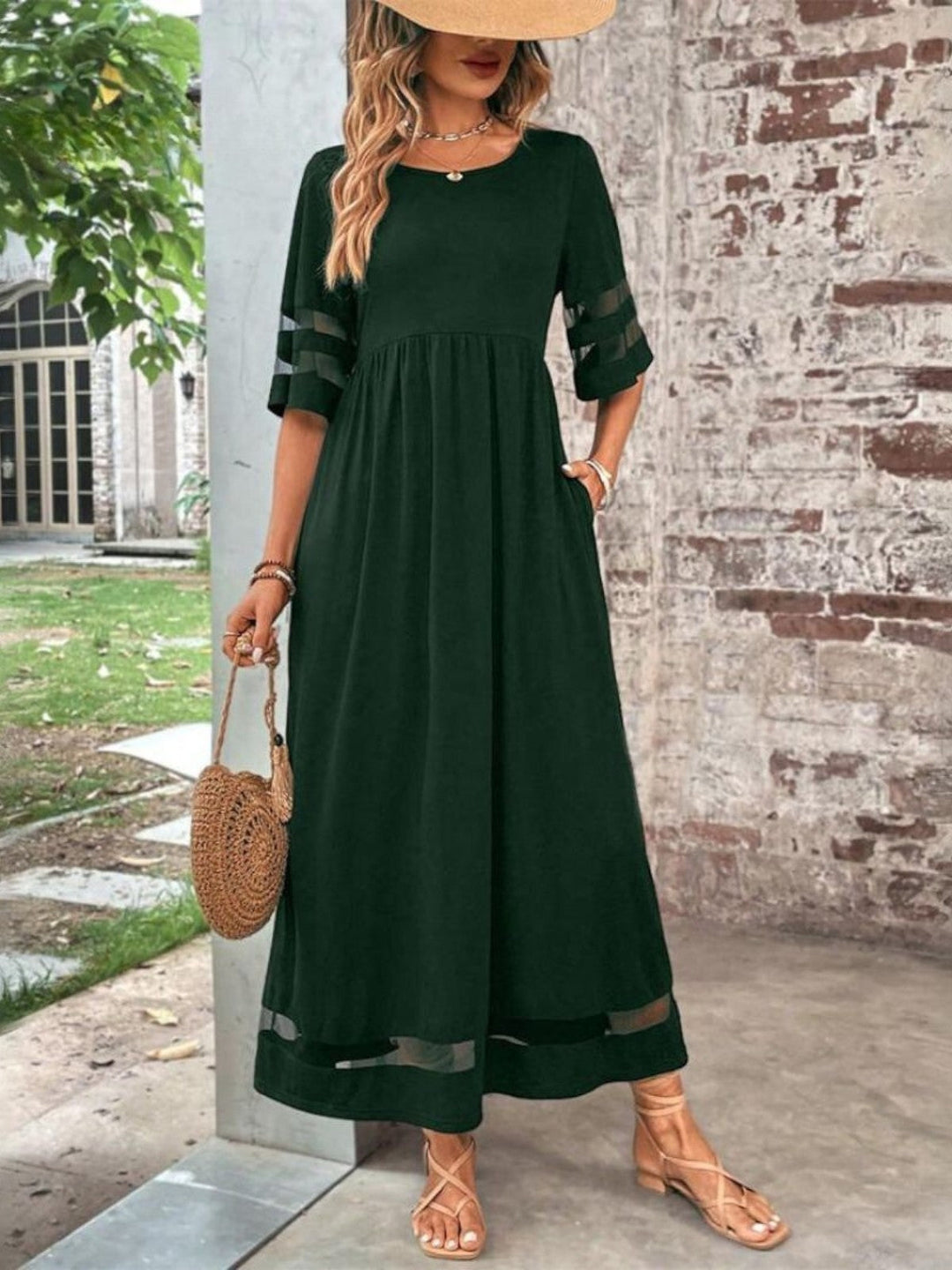 Women's Mesh Panel Three-Quarter Sleeve Round Neck Maxi Dress