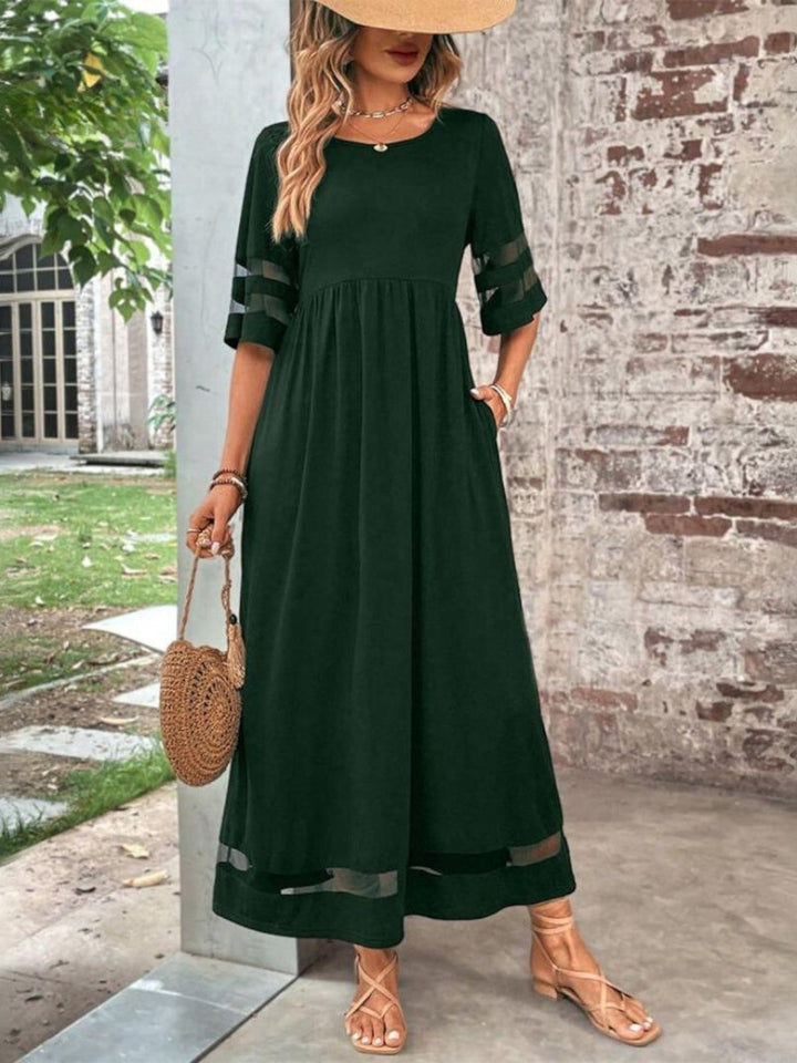 Women's Mesh Panel Three-Quarter Sleeve Round Neck Maxi Dress