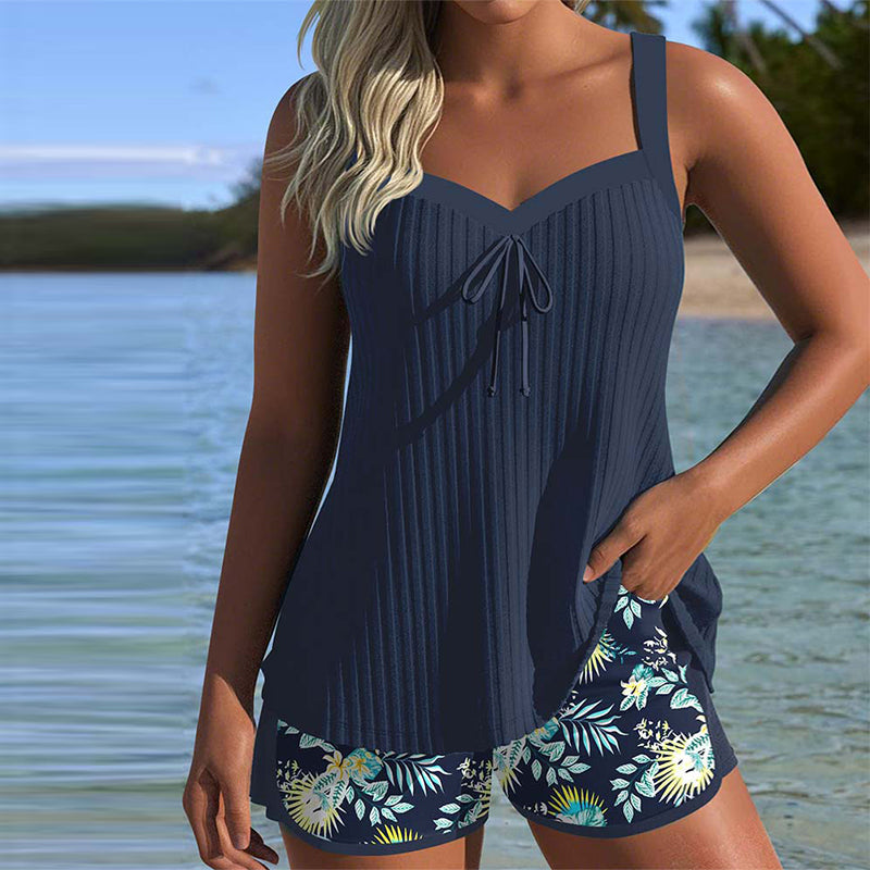 Women's Ribbed Tankini Set with Tropical Print Beach Shorts