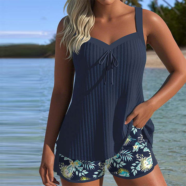 Women's Ribbed Tankini Set with Tropical Print Beach Shorts
