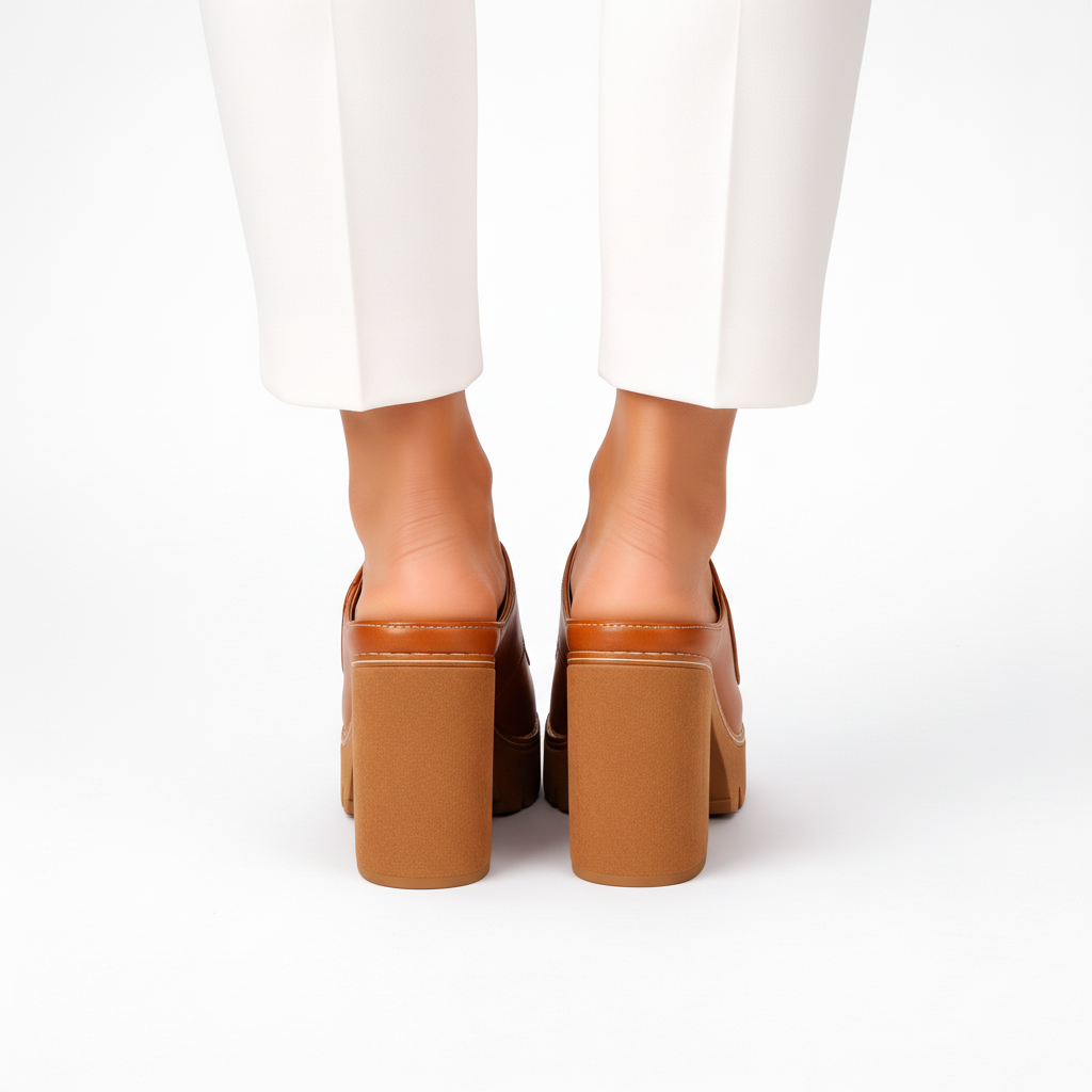 Women's Leather Platform Block Heel Open Toe Mules