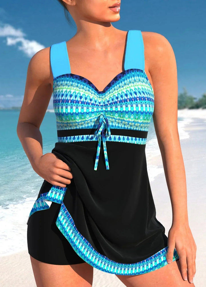 Women's Nautical Print Sweetheart Tie-Front Swimdress with Shorts
