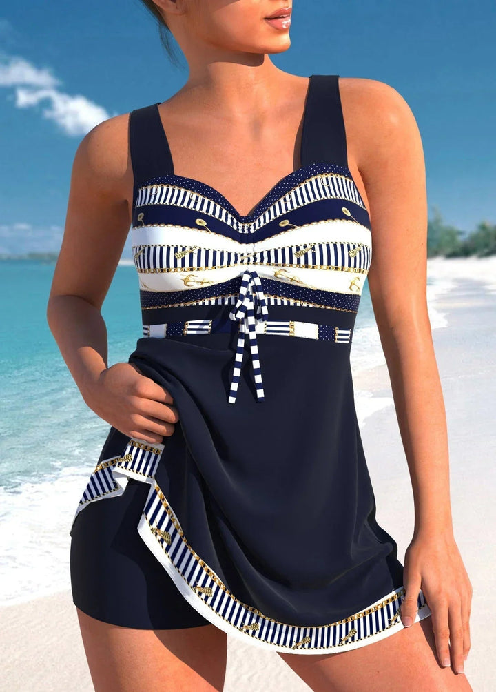 Women's Nautical Print Sweetheart Tie-Front Swimdress with Shorts