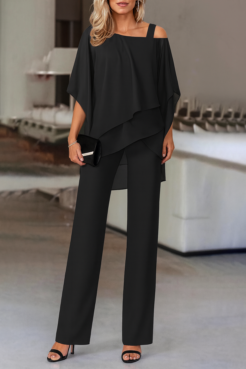 Women's Two-Piece Chiffon Layered Top and Wide-Leg Trousers Set